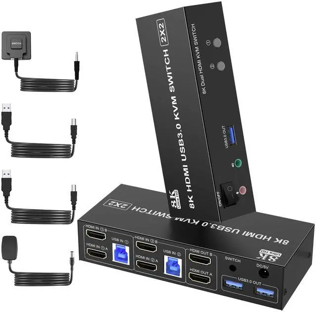 Main image of Vszerda 8K@60Hz USB3.0 Dual Monitor HDMI KVM Switch 2Port, HDMI KVM Switch for 2Monitors 2Computers with USB3.0 Ports, Extended Display Switcher with Audio Microphone, PC Monitor Keyboard Mouse Switch