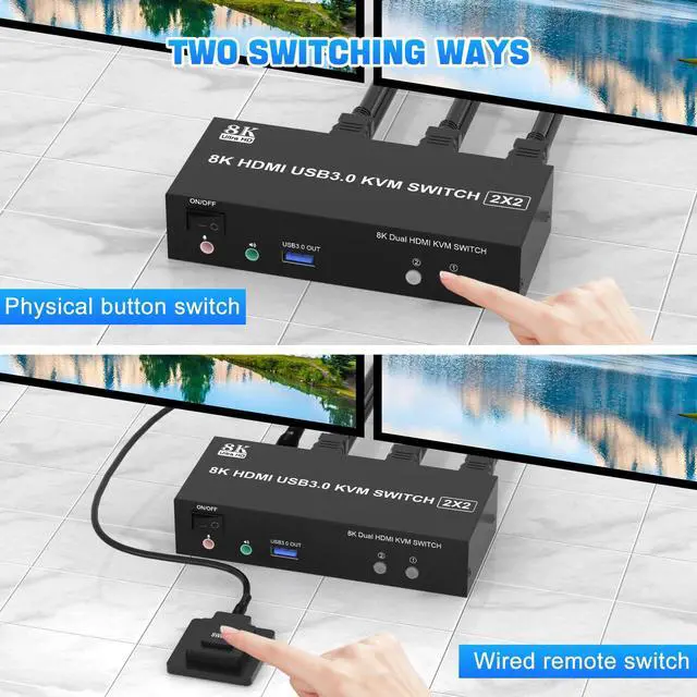 Alt view image 7 of 7 - Vszerda 8K@60Hz USB3.0 Dual Monitor HDMI KVM Switch 2Port, HDMI KVM Switch for 2Monitors 2Computers with USB3.0 Ports, Extended Display Switcher with Audio Microphone, PC Monitor Keyboard Mouse Switch