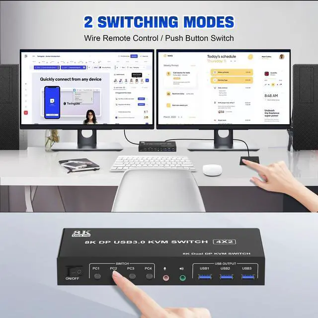 Alt view image 5 of 7 - Vszerda 8K@60Hz USB 3.0 Displayport KVM Switch 2 Monitors 4 Computers, Dual Monitor KVM Switch with Audio Output and 3 USB 3.0 Ports, 4 Port Dual Monitor Displayport KVM Switch for 4 Computer