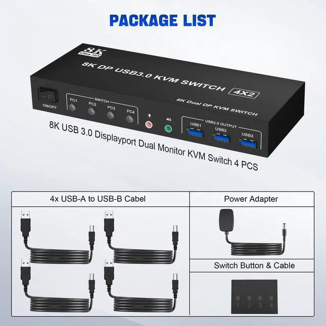 Alt view image 7 of 7 - Vszerda 8K@60Hz USB 3.0 Displayport KVM Switch 2 Monitors 4 Computers, Dual Monitor KVM Switch with Audio Output and 3 USB 3.0 Ports, 4 Port Dual Monitor Displayport KVM Switch for 4 Computer