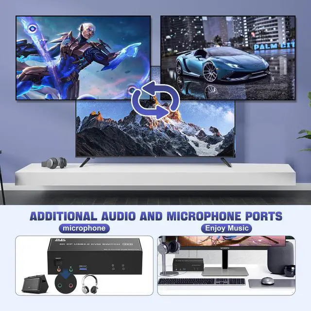 Alt view image 5 of 7 - Vszerda 8K60Hz Displayport KVM Switch USB 3.0 Triple Monitor for 2 Computer, KVM Switch 3 Monitors 2 Computers with Audio and 3 USB 3.0 Ports, 8K Displayport KVM Triple Monitor Keyboard Mouse Switcher