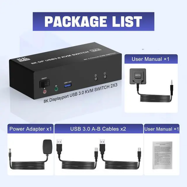 Alt view image 7 of 7 - Vszerda 8K60Hz Displayport KVM Switch USB 3.0 Triple Monitor for 2 Computer, KVM Switch 3 Monitors 2 Computers with Audio and 3 USB 3.0 Ports, 8K Displayport KVM Triple Monitor Keyboard Mouse Switcher