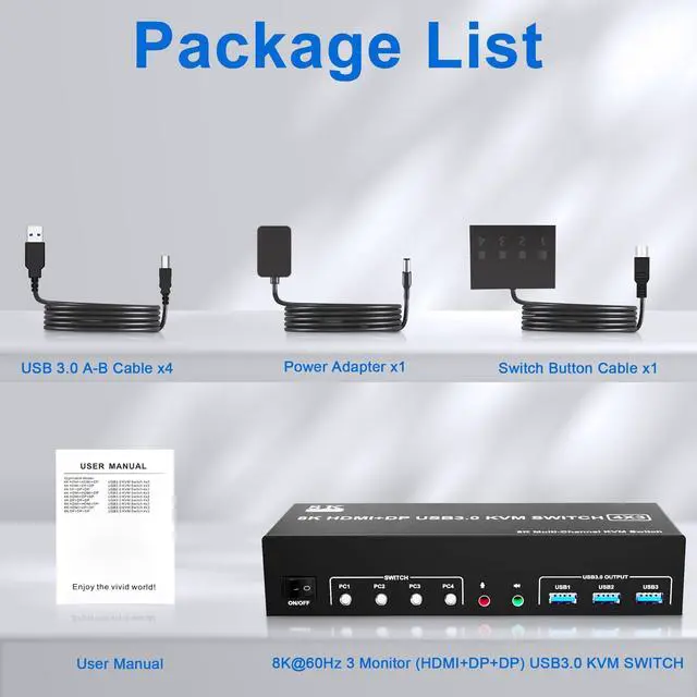 Alt view image 7 of 7 - Vszerda 8K@60Hz 2 Displayport +HDMI USB3.0 KVM Switch 3 Monitors 4 Computers, 2 DP 1.4 +HDMI 2.1 Triple Monitor KVM Switch with Audio Microphone +3 USB3.0 Ports, Triple Monitor Keyboard Mouse Switcher