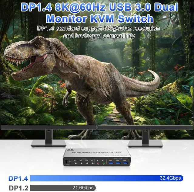 Alt view image 4 of 7 - Vszerda 8K@60Hz USB3.0 Displayport KVM Switch 2 Monitors 4 Computers, 4 Port DP1.4 Dual Monitor Displayport KVM Switch with Audio,Microphone and 3 USB3.0, Dual Monitors Displayport KVM Switch for 4PCs