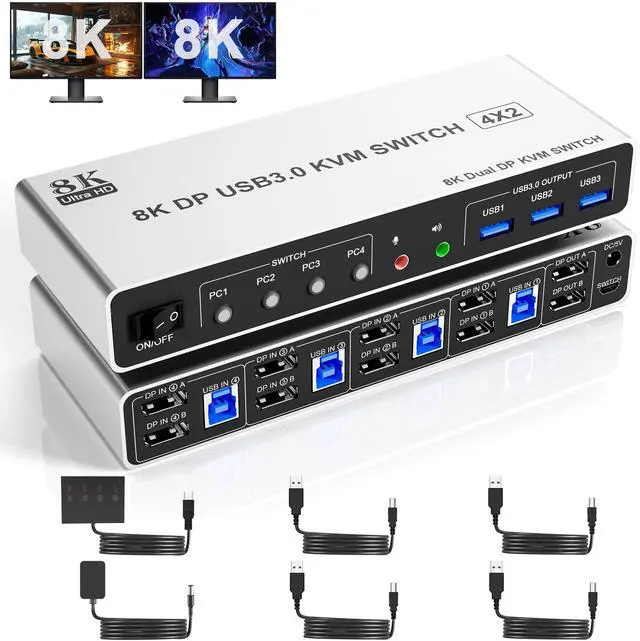 Main image of Vszerda 8K@60Hz USB3.0 Displayport KVM Switch 2 Monitors 4 Computers, 4 Port DP1.4 Dual Monitor Displayport KVM Switch with Audio,Microphone and 3 USB3.0, Dual Monitors Displayport KVM Switch for 4PCs