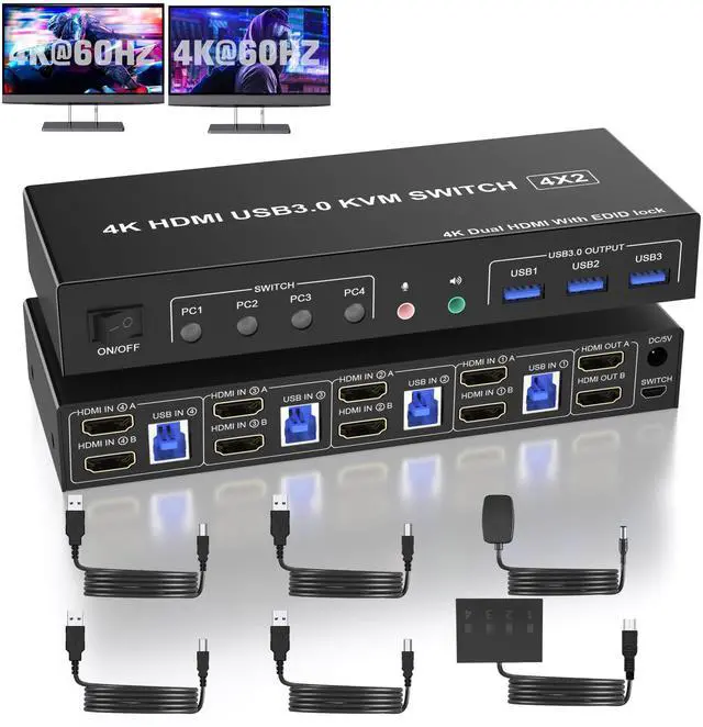 Main image of Vszerda USB 3.0 HDMI KVM Switch 2 Monitors 4 Computers, Support EDID, 4K@60Hz KVM Switch HDMI Dual Monitor 4 PCs, with Audio Microphone and 3 USB 3.0 Ports, PC Monitor Keyboard Mouse Switcher for 4 PC