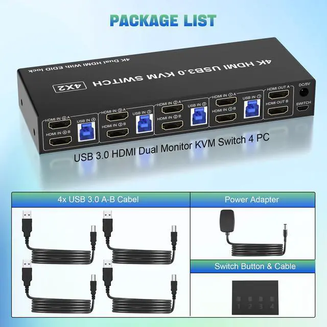 Alt view image 7 of 7 - Vszerda USB 3.0 HDMI KVM Switch 2 Monitors 4 Computers, Support EDID, 4K@60Hz KVM Switch HDMI Dual Monitor 4 PCs, with Audio Microphone and 3 USB 3.0 Ports, PC Monitor Keyboard Mouse Switcher for 4 PC