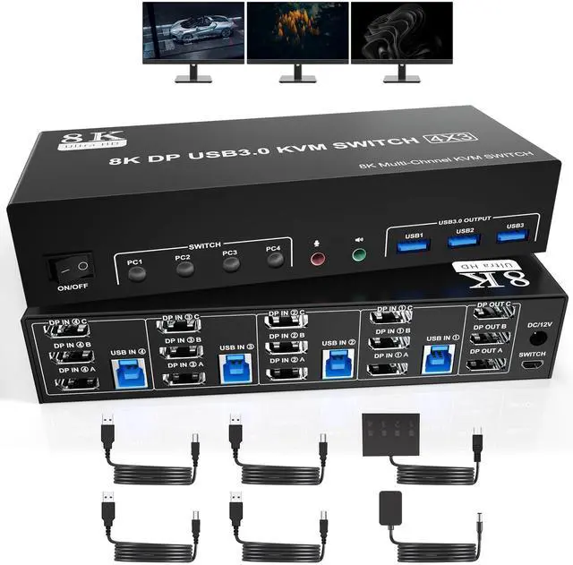 Main image of Vszerda 8K@60Hz USB3.0 DisplayPort KVM Switch 3 Monitors 4 Computers, DP1.4 Triple Monitor KVM Switch with Audio Microphone Output and 3 USB3.0 Ports, Black, Manual Switch
