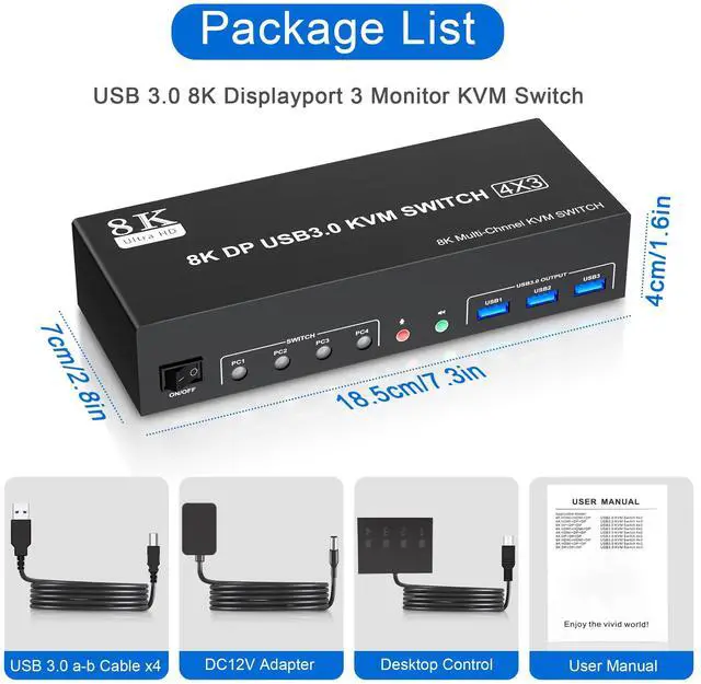 Alt view image 7 of 7 - Vszerda 8K@60Hz USB3.0 DisplayPort KVM Switch 3 Monitors 4 Computers, DP1.4 Triple Monitor KVM Switch with Audio Microphone Output and 3 USB3.0 Ports, Black, Manual Switch
