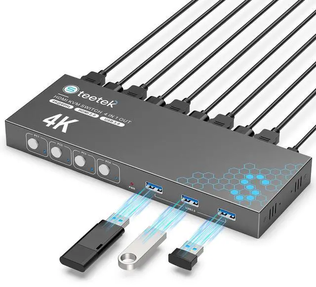 Main image of USB 3.0 HDMI KVM Switch 1 Monitors 4 Computers, 4K@60Hz KVM Switches for 4 Computers Sharing Monitor Keyboard Mouse Hard Drives Printer, with EDID Adaptive,1 HDMI Cable and 4 USB Cable