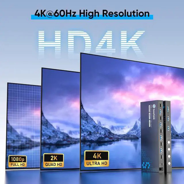 Alt view image 4 of 7 - USB 3.0 HDMI KVM Switch 1 Monitors 4 Computers, 4K@60Hz KVM Switches for 4 Computers Sharing Monitor Keyboard Mouse Hard Drives Printer, with EDID Adaptive,1 HDMI Cable and 4 USB Cable