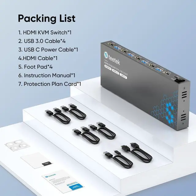 Alt view image 7 of 7 - USB 3.0 HDMI KVM Switch 1 Monitors 4 Computers, 4K@60Hz KVM Switches for 4 Computers Sharing Monitor Keyboard Mouse Hard Drives Printer, with EDID Adaptive,1 HDMI Cable and 4 USB Cable