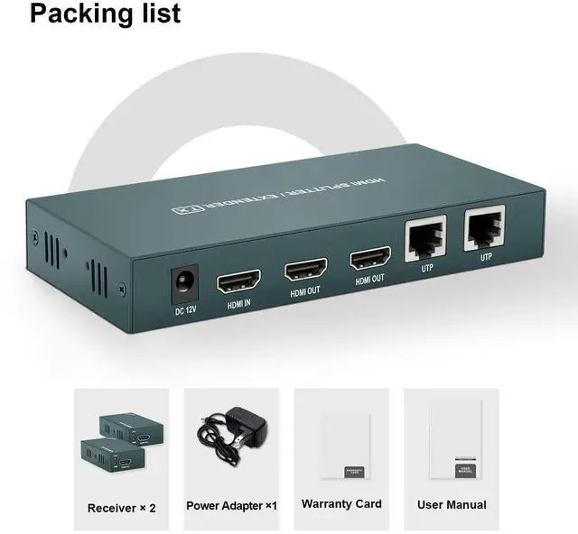 Alt view image 7 of 7 - HDMI Extender Splitter 1x2, HD1080P@60Hz & 3D Visual, Extending 165ft (50m) Length Transmission Over CAT5e/CAT6/CAT7 Cable, 2 Channel Transmission with 2 HDMI Loop Out1