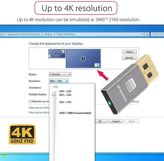 Alt view image 5 of 7 - Vszerda Adapter 4K@60Hz DP Virtual Display Displayport Active Adapter Dummy Plug Headless Ghost Emulator 1080p@120Hz
