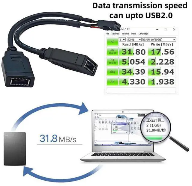 Alt view image 4 of 7 - Vszerda USB 2.0 9Pin 10Pin Mainboard Header Male to Dual USB 3.1 Front Panel Socket Key-A Type-E Extension Cable 0.15M