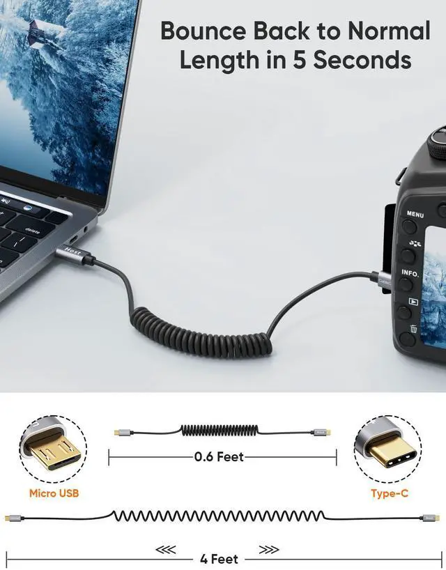 Alt view image 2 of 7 - Coiled Micro USB to USB C Cable 4FT, USBC to MicroUSB OTG 480Mbps Cord for Wall Chargers, MacBook Pro Air Galaxy S22 S21 Pixel 5/4/3 & More, 1.2M Black