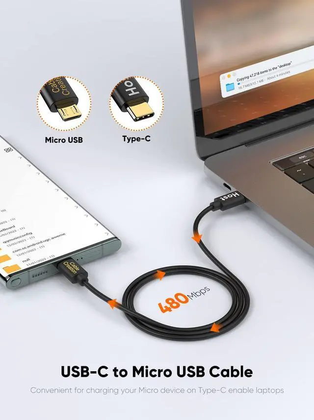 Alt view image 2 of 7 - USB C to Micro USB Cable - 3.3FT, 480Mbps OTG, Compatible with MacBook Pro Air Galaxy S21 S20 S10 Pixel 5/4/3 - Black