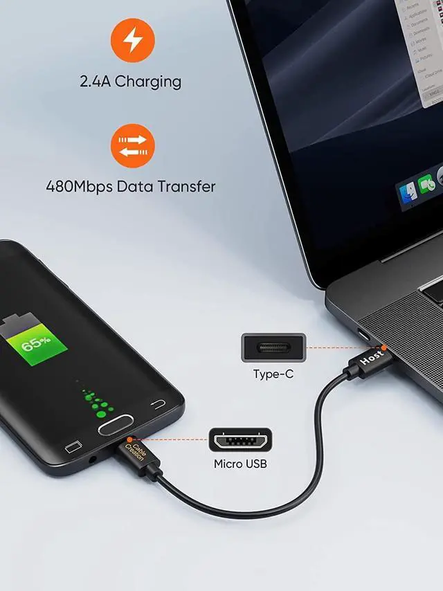 Alt view image 2 of 7 - Short Micro USB to USB C Cable 0.65 FT, 2-Pack OTG 480Mbps Type C to MicroUSB Cord Compatible with MacBook Pro Air Galaxy S22 Pixel 5 & More, 0.2M Black