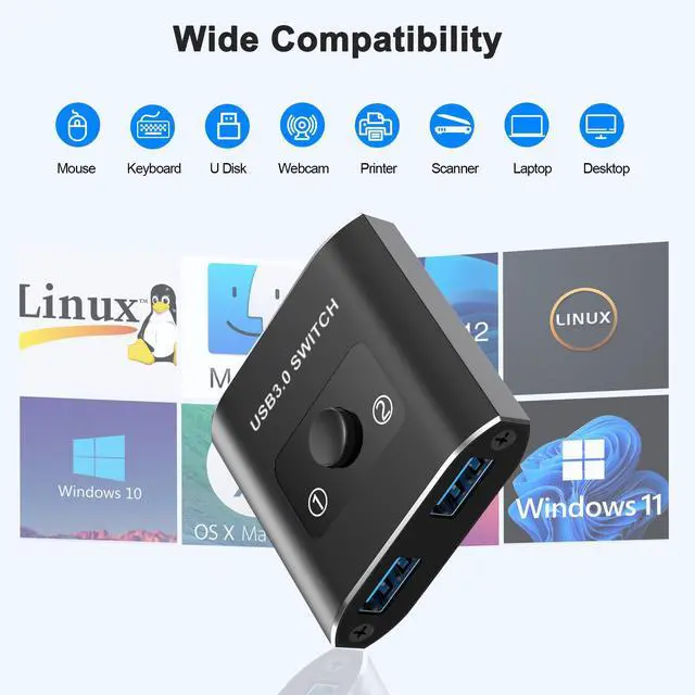 Alt view image 2 of 7 - USB 3.0 Switch Selector - Bi-Directional 1 in 2 Out/ 2 in 1 Out, Share USB Devices Between 2 Computers for Printer, Keyboard, Scanner, Mouse - Compatible with Mac/Win/Linux