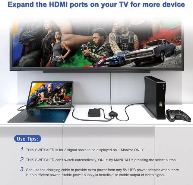 Alt view image 7 of 7 - HDMI Switch, HDMI Splitter 3 in 1 Out 4K@60Hz, 3-Port Switcher Selector with Pigtail Cable, Multi-Port Hub Supports 3D, HDCP2.2, HDR Compatible with Laptop, Xbox, Blu-Ray Player, Etc.