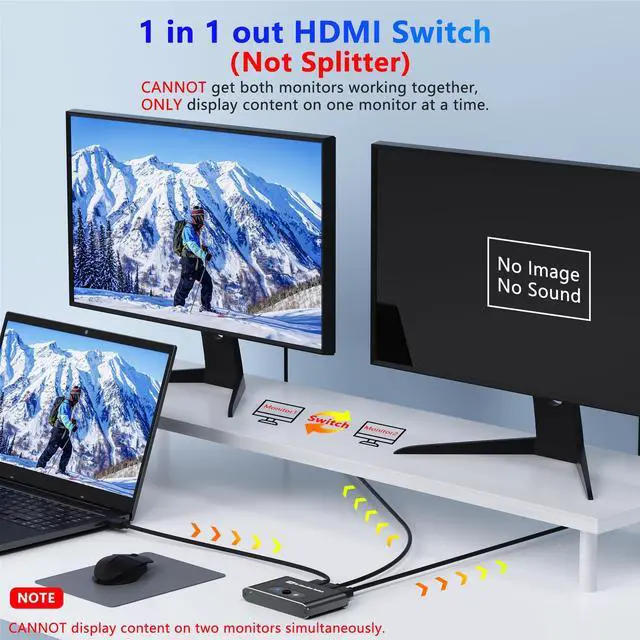 Alt view image 3 of 7 - HDMI Switch 4K@60hz Splitter, Bidirectional Switcher Selector 2 in 1 Out/1 in 2 Out, Aluminum Manual HDMI Hub Supports HD Compatible with Xbox PS5/4/3 Blu-Ray Player Fire Stick Projector Computer