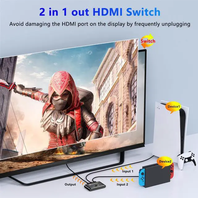 Alt view image 2 of 7 - HDMI Switch 4K@60hz Splitter, Bidirectional Switcher Selector 2 in 1 Out/1 in 2 Out, Aluminum Manual HDMI Hub Supports HD Compatible with Xbox PS5/4/3 Blu-Ray Player Fire Stick Projector Computer