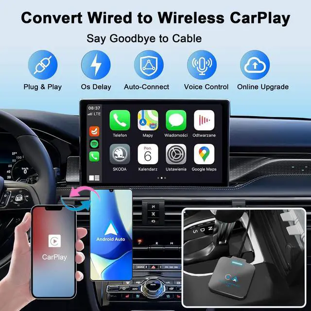 Alt view image 2 of 7 - Android Auto & CarPlay Wireless Adapter - 2 in 1 Wireless for iPhone & Android, Plug & Play for Factory Wired Cars - Supports iOS 10+