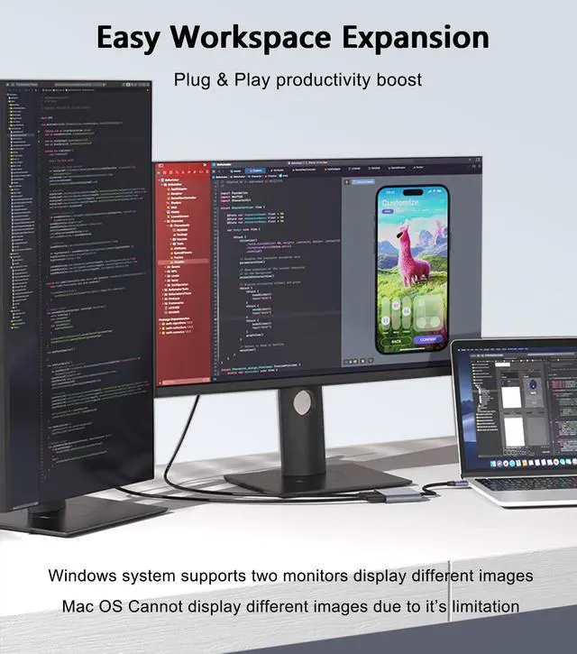 Alt view image 5 of 7 - USB C to Dual HDMI Adapter 4K@60Hz, Type C to HDMI Splitter for Dual Monitors, USB C Hub Extend Display for MacBook Air/Pro, More Laptops with Thunderbolt 3/4 Ports
