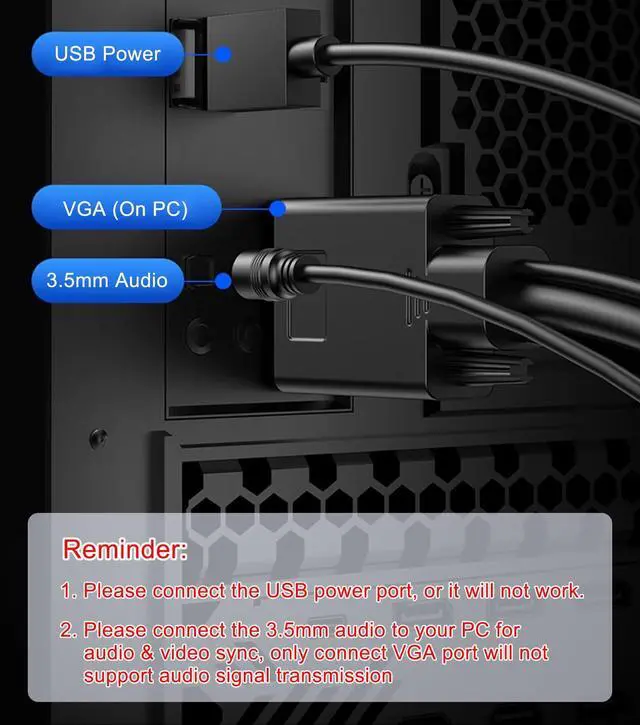 Alt view image 6 of 7 - VGA to HDMI Adapter Cable 6FT, VGA (Source) to HDMI (Display) Cable with Audio & USB Power, 1080P@60Hz Display Cord from Desktop PC Laptop to TV Monitor Projector