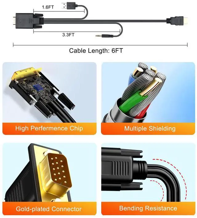 Alt view image 7 of 7 - VGA to HDMI Adapter Cable 6FT, VGA (Source) to HDMI (Display) Cable with Audio & USB Power, 1080P@60Hz Display Cord from Desktop PC Laptop to TV Monitor Projector