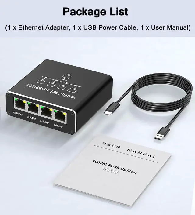 Alt view image 7 of 7 - Gigabit Ethernet Splitter 1 to 4, 1000Mbps RJ45 Network Ethernet Switch, LAN Internet Splitter Adapter for Cat 5/5e/6/7/8 Cable[ 4 Devices Networked Simultaneously