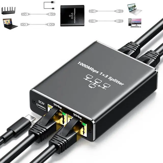 Main image of Gigabit Ethernet Splitter 1 to 3, 1000Mbps RJ45 Network Ethernet Switch, LAN Internet Splitter Adapter for Cat 5/5e/6/7/8 Cable[ 3 Devices Networked Simultaneously]