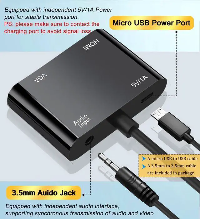 Alt view image 7 of 7 - Vszerda
 VGA to HDMI+VGA Adapter for Dual Monitors, VGA to HDMI Adapter Splitter 2 in 1,1080P@60HZ Full HD Display Video Converter for PC Laptop Link Monitor/HDTV/Projector, Fully Plug & Play