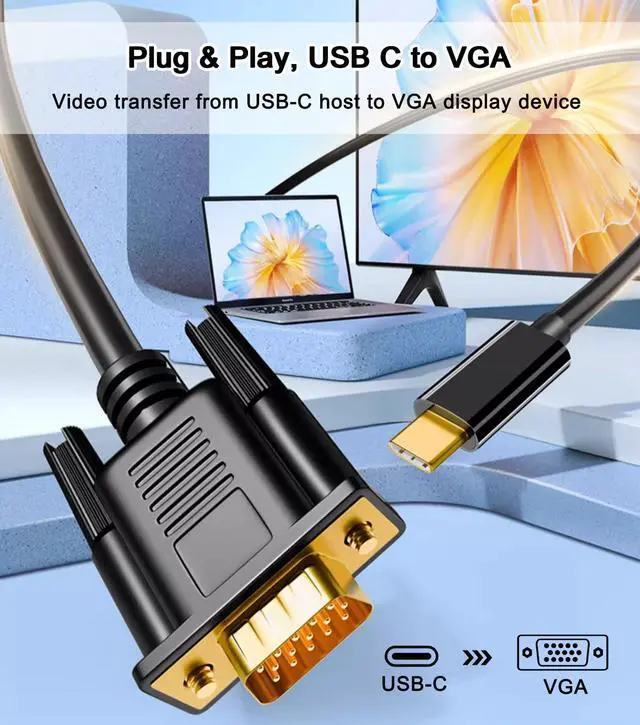 Alt view image 2 of 7 - USB C to VGA Cable 6FT, 1080P@60Hz USB Type C to VGA Adapter Video Converter [Thunderbolt 3/4 Compatible] with MacBook Air, iPad Pro, iPhone 15/16, iMac, XPS, Surface etc-Gold-Plated Male Interface