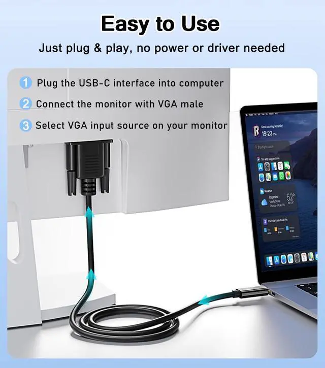 Alt view image 6 of 7 - USB C to VGA Cable 6FT, 1080P@60Hz USB Type C to VGA Adapter Video Converter [Thunderbolt 3/4 Compatible] with MacBook Air, iPad Pro, iPhone 15/16, iMac, XPS, Surface etc-Gold-Plated Male Interface