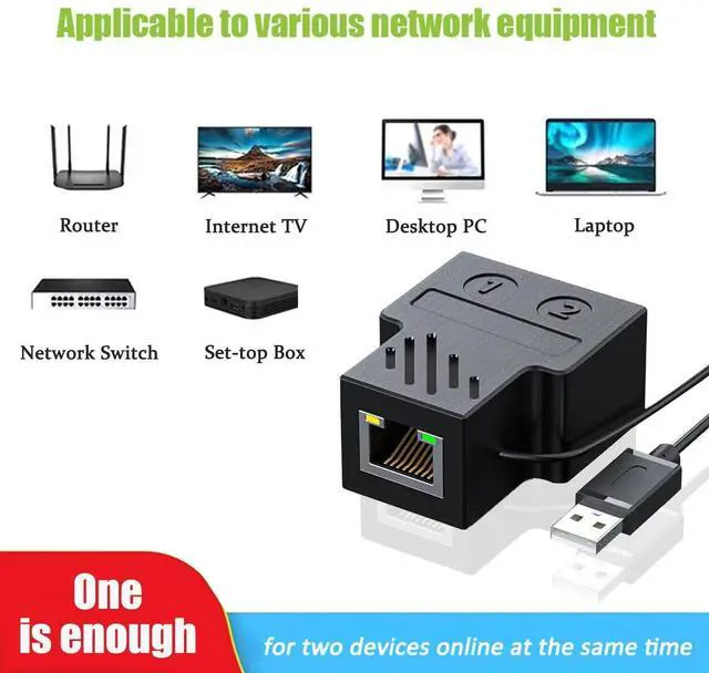 Alt view image 4 of 7 - RJ45 Ethernet Splitter 1 to 2, Mini Gigabit Network Ethernet Switch with USB Power Cable, CAT 5/6/7/8 Network Cable (Support Two Devices Online at The Same Time)