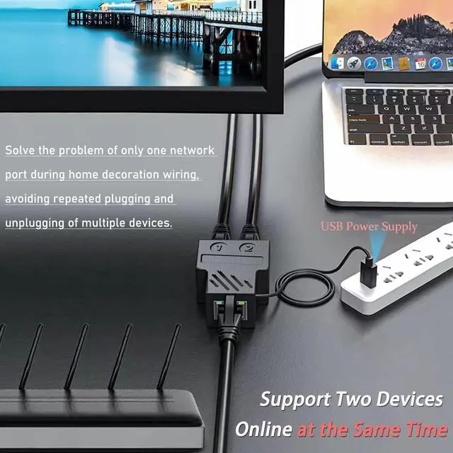 Alt view image 2 of 7 - RJ45 Ethernet Splitter 1 to 2, Mini Gigabit Network Ethernet Switch with USB Power Cable, CAT 5/6/7/8 Network Cable (Support Two Devices Online at The Same Time)
