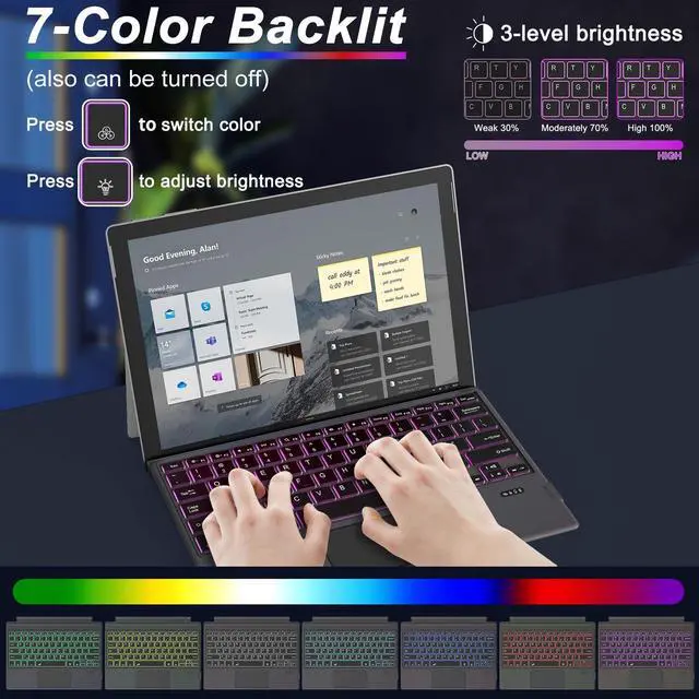 Alt view image 2 of 7 - Surface Pro 3 Keyboard -Type Cover for Surface Pro 7 Plus 7/6/5/4/3, 7 Color Backlit Bluetooth Ultra-Slim Portable Magnetic Surface 3 Keyboard with Trackpad, Rechargeable