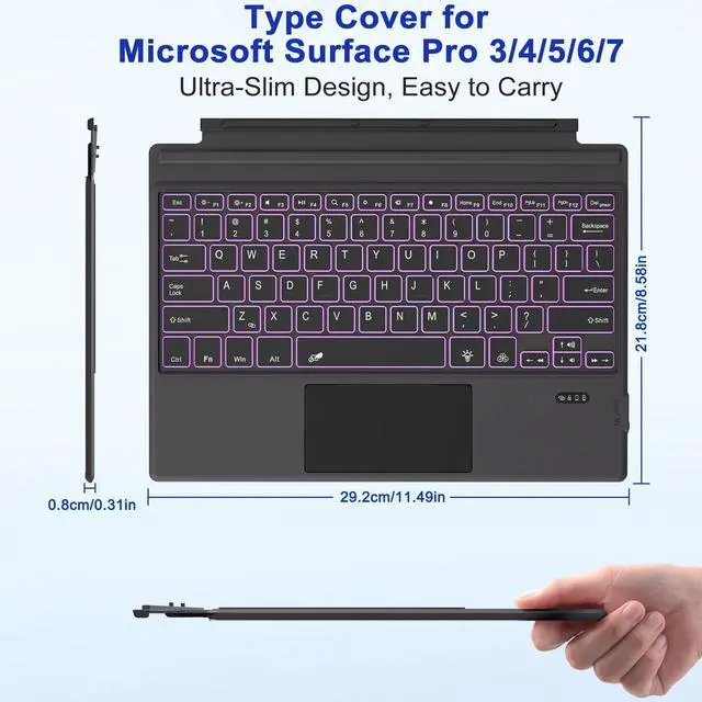 Alt view image 7 of 7 - Surface Pro 3 Keyboard -Type Cover for Surface Pro 7 Plus 7/6/5/4/3, 7 Color Backlit Bluetooth Ultra-Slim Portable Magnetic Surface 3 Keyboard with Trackpad, Rechargeable