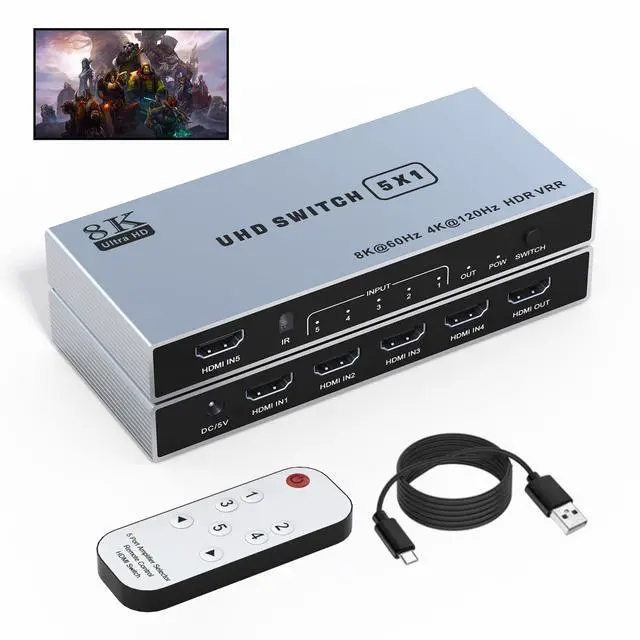 Main image of 8K HDMI Switch 5 in 1 Out 8K@60Hz 4K@120Hz, HDMI 2.1 Splitter with IR Remote HDMI Switcher Selector Box Support 8K 4K 120Hz, HDMI 2.1 Switch for PS 5 4 3 Xbox DVD Blu-ray PC