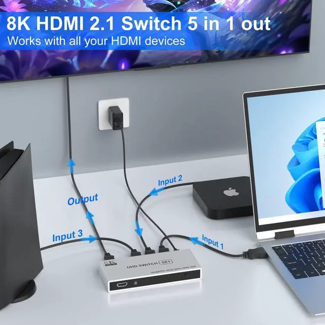 Alt view image 3 of 7 - 8K HDMI Switch 5 in 1 Out 8K@60Hz 4K@120Hz, HDMI 2.1 Splitter with IR Remote HDMI Switcher Selector Box Support 8K 4K 120Hz, HDMI 2.1 Switch for PS 5 4 3 Xbox DVD Blu-ray PC