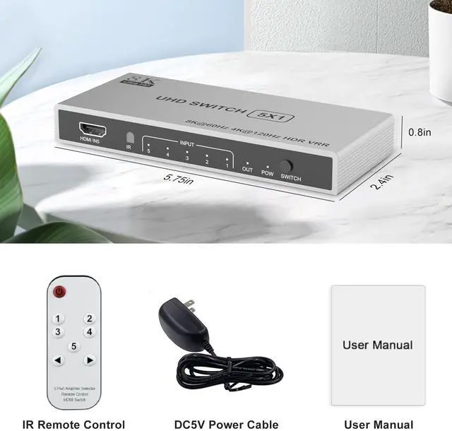Alt view image 7 of 7 - 8K HDMI Switch 5 in 1 Out 8K@60Hz 4K@120Hz, HDMI 2.1 Splitter with IR Remote HDMI Switcher Selector Box Support 8K 4K 120Hz, HDMI 2.1 Switch for PS 5 4 3 Xbox DVD Blu-ray PC