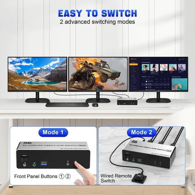 Alt view image 6 of 7 - Vszerda 8K@60Hz KVM Switch 3 Monitors 2 Computers, 8K HDMI+ 2 Displayport KVM with 3 USB 3.0 Port, 2 Computer 3 Monitor KVM Switch with Audio Mic Keyboard and Mouse Switcher