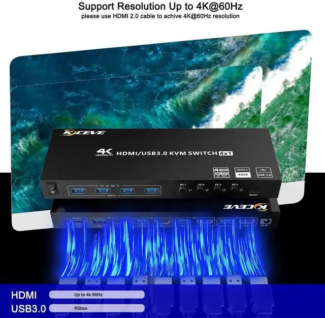 Alt view image 6 of 7 - KVM HDMI Switch 4 Ports, USB 3.0 KVM Selector Box with EDID Emulator Support 4K@60Hz Resolution for 4 Computers Share Mouse Keyboard and Monitor