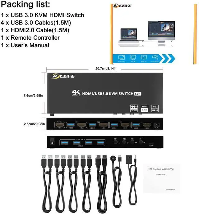 Alt view image 7 of 7 - KVM HDMI Switch 4 Ports, USB 3.0 KVM Selector Box with EDID Emulator Support 4K@60Hz Resolution for 4 Computers Share Mouse Keyboard and Monitor