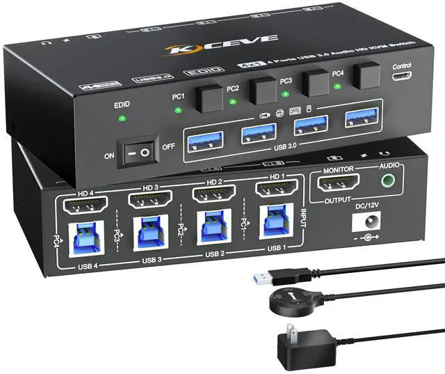 Main image of HDMI KVM Switch 4 Ports with Audio, 4K@60Hz USB 3.0 4 PC KVM Switcher Box with EDID Emulator for 4 Computers Share Mouse Keyboard and Monitor