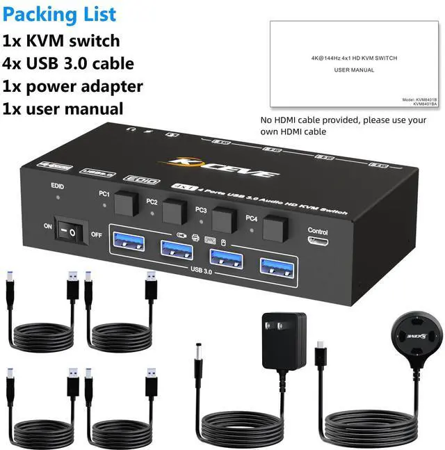 Alt view image 7 of 7 - HDMI KVM Switch 4 Ports with Audio, 4K@60Hz USB 3.0 4 PC KVM Switcher Box with EDID Emulator for 4 Computers Share Mouse Keyboard and Monitor