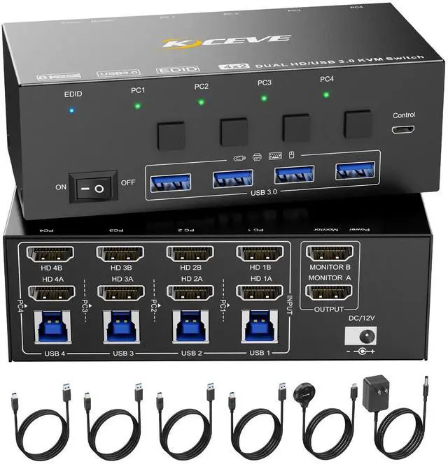 Main image of KVM Switch 2 Monitors 4 Computers HDMI, 8K@60Hz, 4K@144 Hz USB 3.0 KVM Switcher Box with EDID Emulator for 4 Computers Share Mouse Keyboard and Monitor, Stable Chip, Great Compatibility
