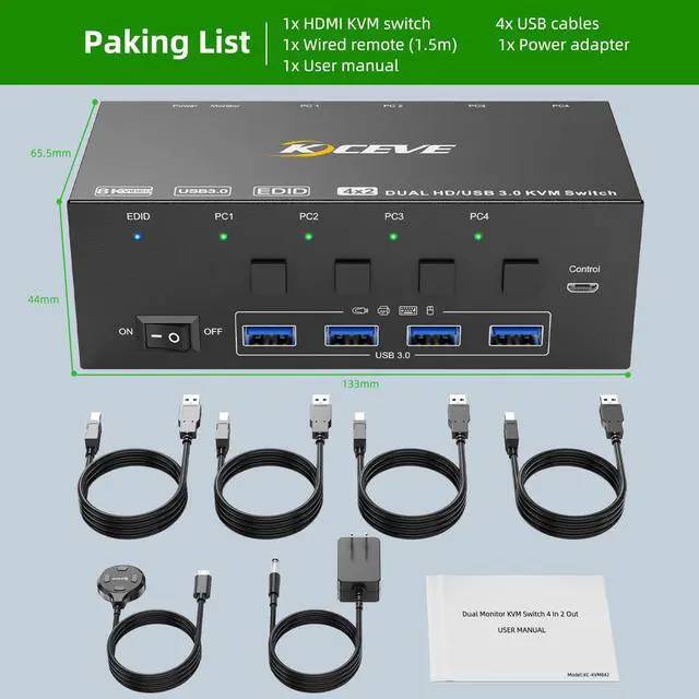 Alt view image 7 of 7 - KVM Switch 2 Monitors 4 Computers HDMI, 8K@60Hz, 4K@144 Hz USB 3.0 KVM Switcher Box with EDID Emulator for 4 Computers Share Mouse Keyboard and Monitor, Stable Chip, Great Compatibility