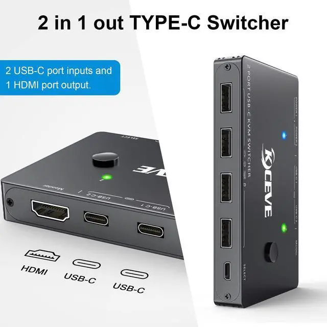 Alt view image 2 of 6 - USB-C KVM Switch, 2 Ports KVM Type-C Switcher Box Support 4K@60Hz for 2 Computers Share Keyboard Mouse and Monitor, Suppprt 87W PD Fast Charging